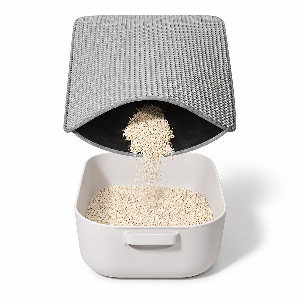 Gray Double-Layer Cat Litter Mat being emptied into a litter box