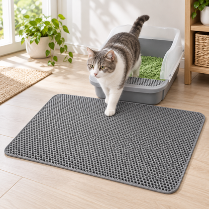 Gray honeycomb Cat Litter Trapping Mat used beside a litter box with a cat