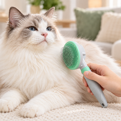 Green self-cleaning slicker brush being used to groom a fluffy cat