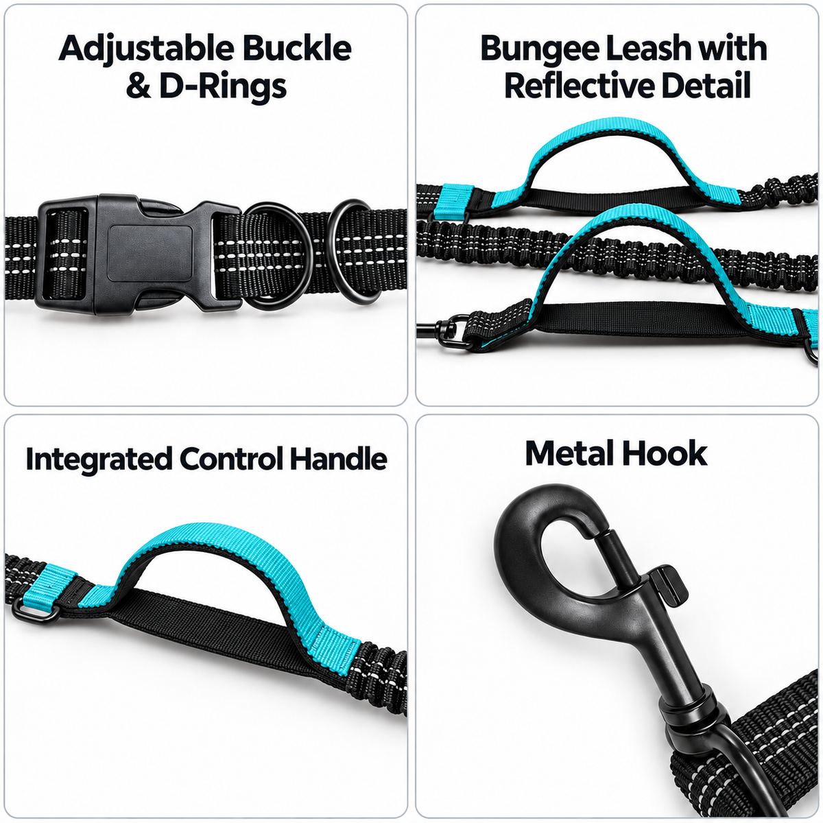 Hands-free dog leash details showing adjustable buckle, control handles, reflective bungee section and hook