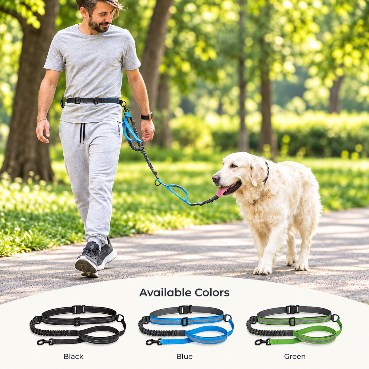 Man walking a dog outdoors using a blue hands-free bungee dog leash