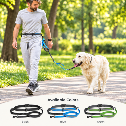 Man walking a dog outdoors using a blue hands-free bungee dog leash