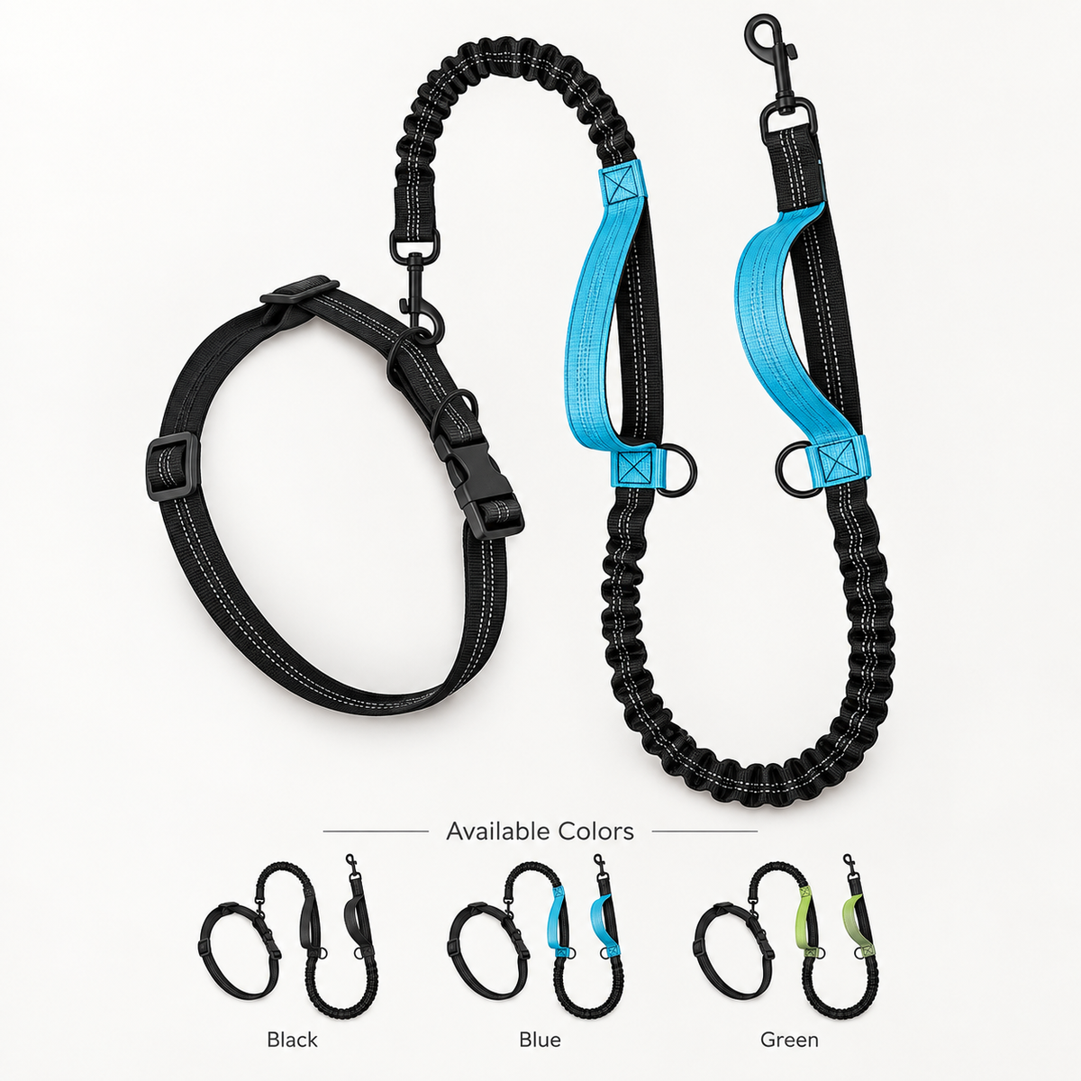 Blue hands-free dog running leash overview with waist belt, bungee sections, handles and attachment hardware
