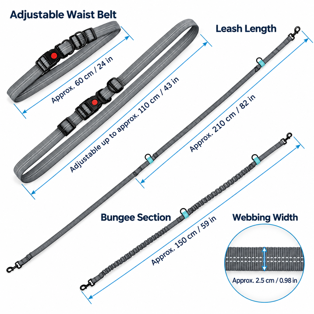 Hands-free dog running leash dimensions showing adjustable waist belt and bungee leash measurements