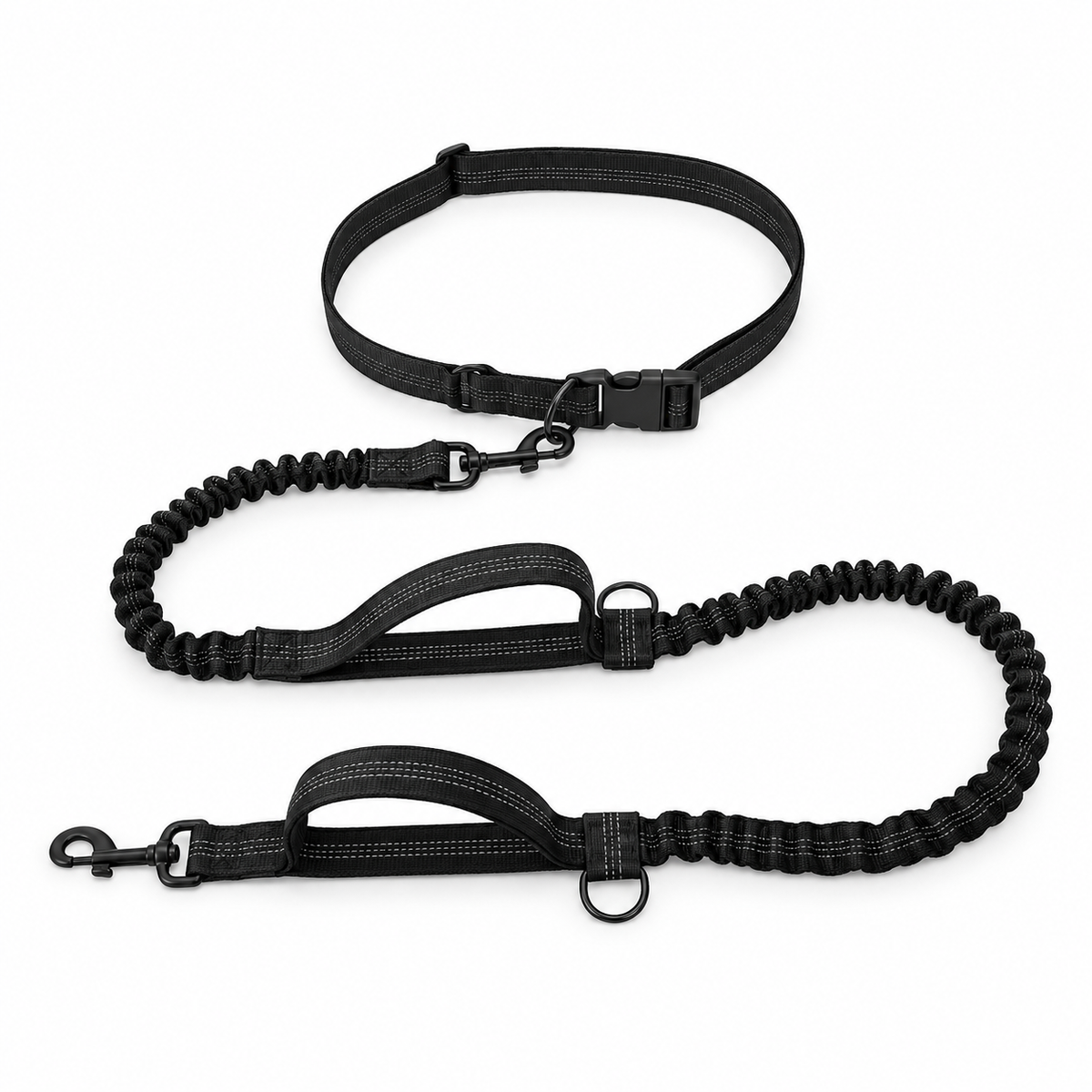 Black hands-free reflective dog running leash with adjustable waist belt and dual bungee sections
