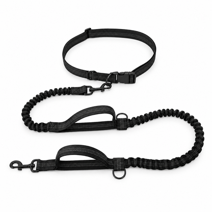Black hands-free reflective dog running leash with adjustable waist belt and dual bungee sections