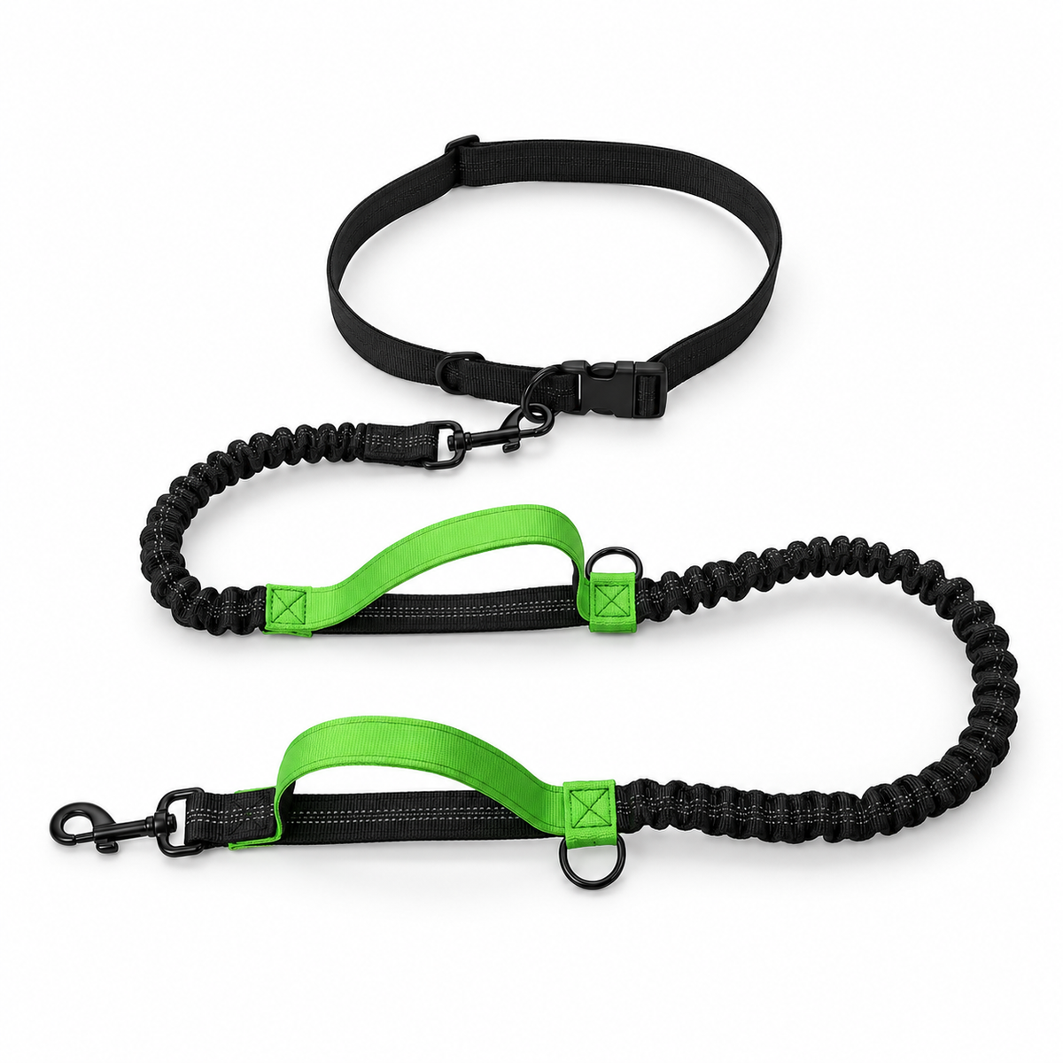 Green hands-free reflective dog running leash with waist belt and integrated control handles