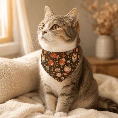 Cat wearing the Lantern Paws Adjustable Pet Bandana Collar near a cozy indoor corner