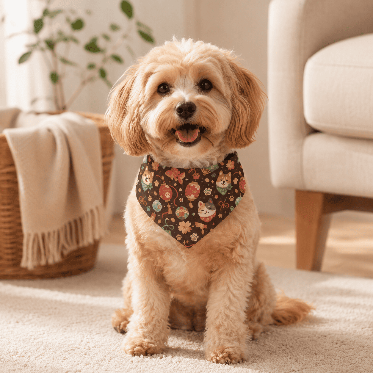 Small dog wearing the Lantern Paws Adjustable Pet Bandana Collar in a cozy home setting
