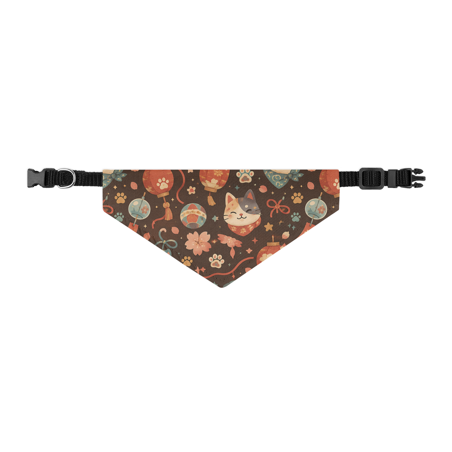 Centered mockup of the Lantern Paws pet bandana collar with colorful festival details