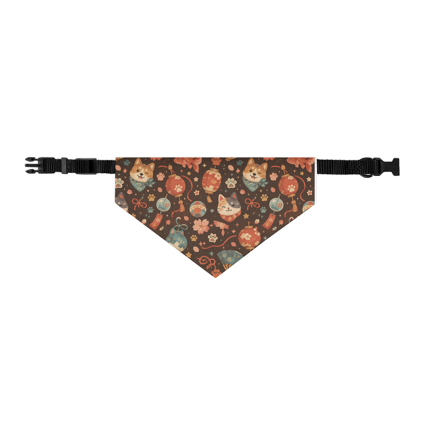Flat mockup of the Lantern Paws adjustable pet bandana collar