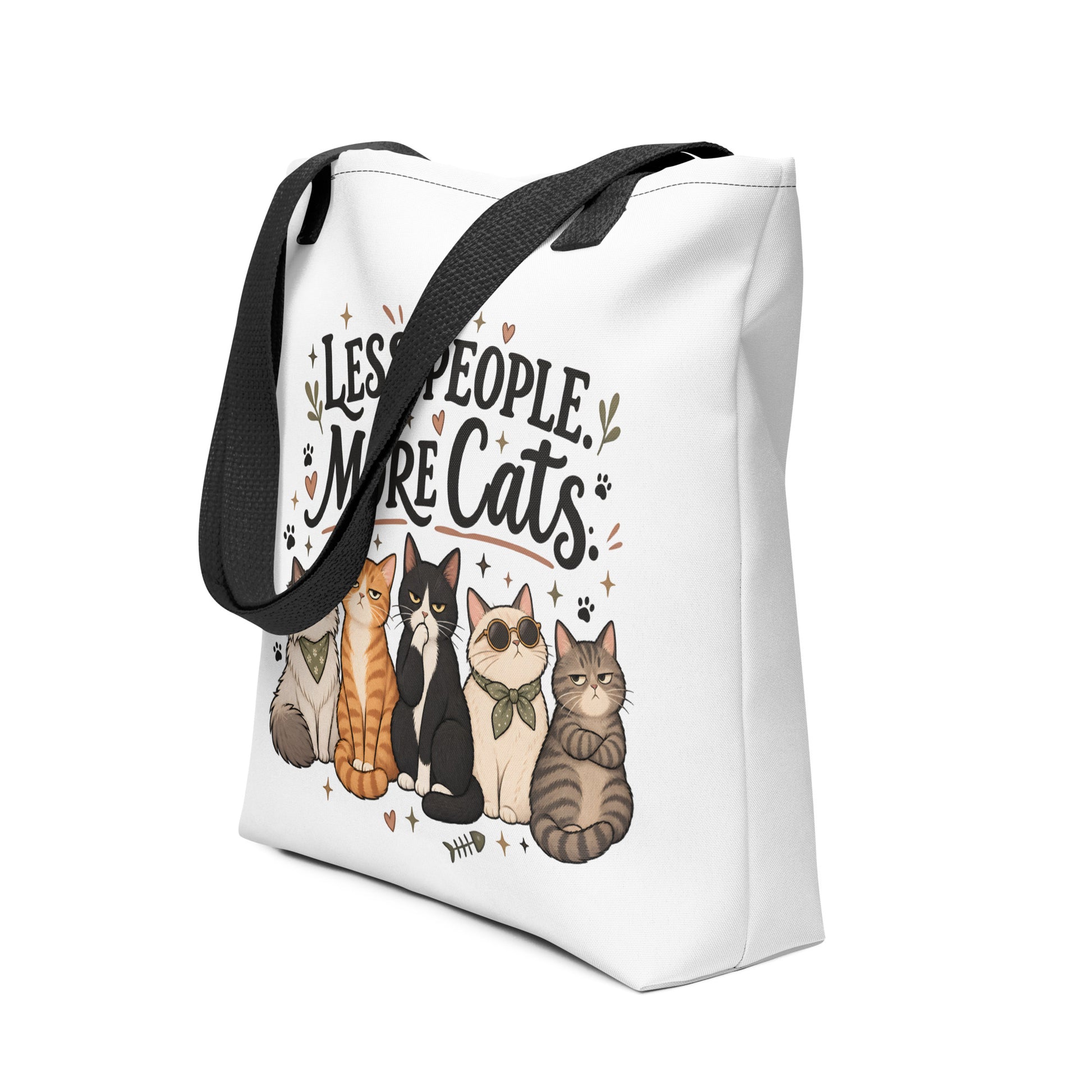 Angled view of white cat tote bag with black handles and Less People More Cats design