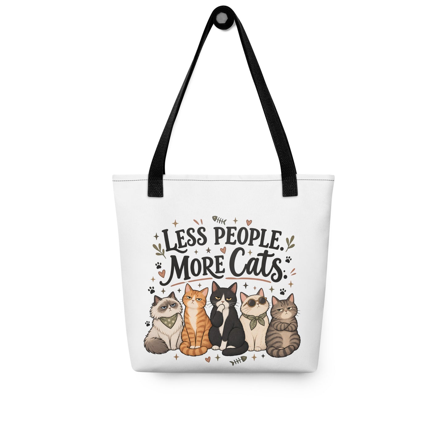 White cat tote bag with black handles and Less People More Cats design