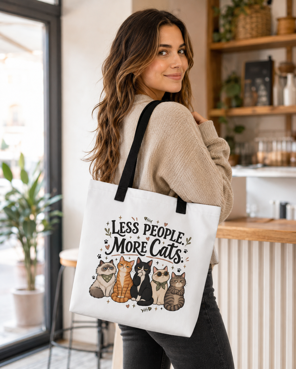 Woman carrying a white cat tote bag with black handles and Less People More Cats design in a warm indoor lifestyle setting