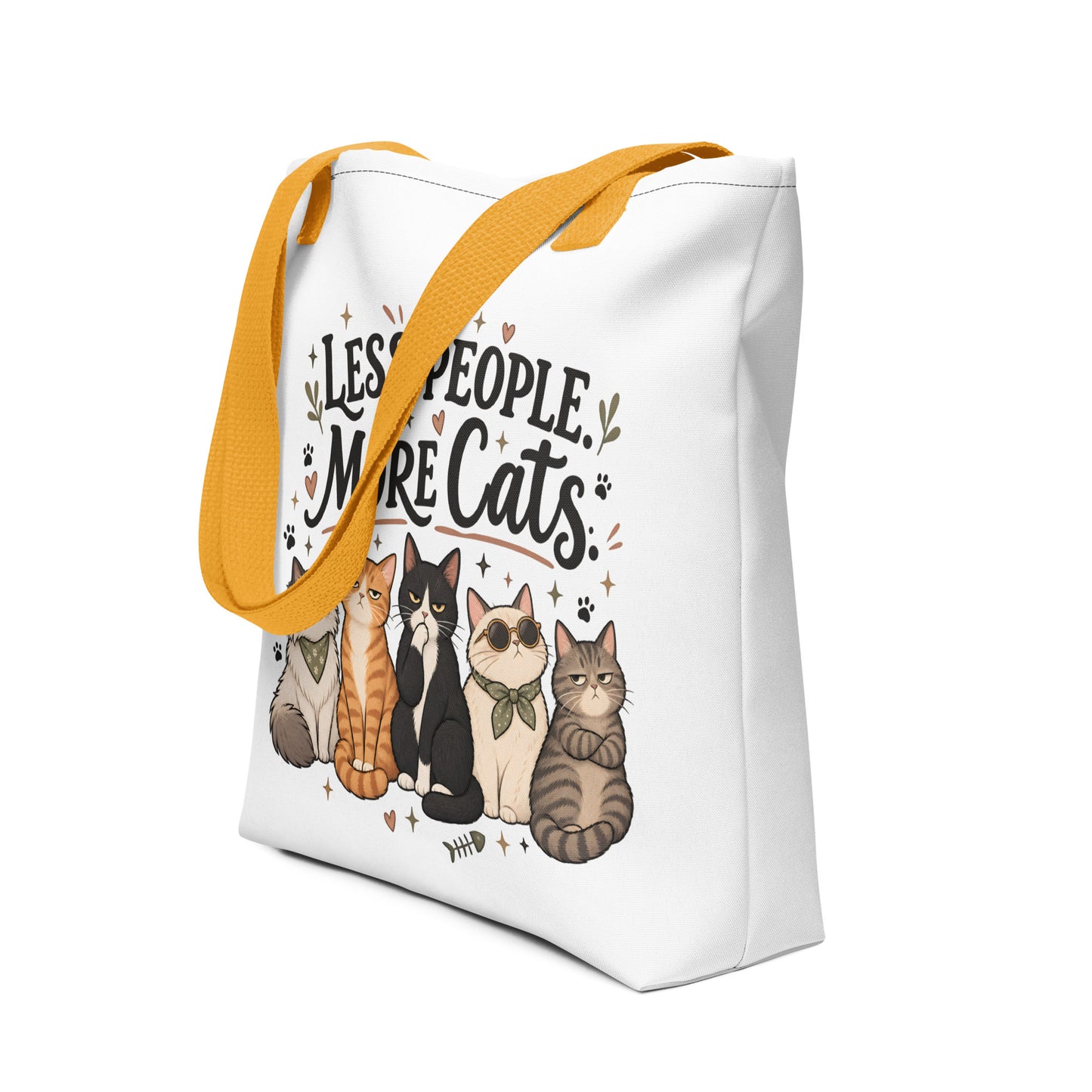 Angled view of white cat tote bag with yellow handles and Less People More Cats design