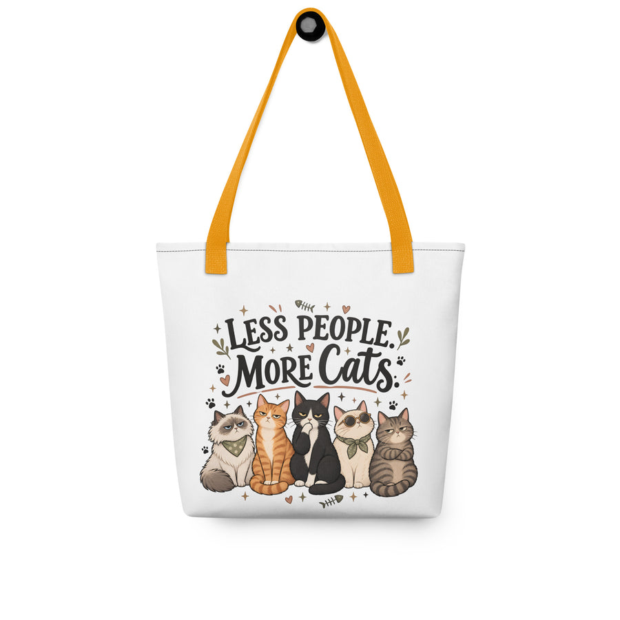White cat tote bag with yellow handles and Less People More Cats design