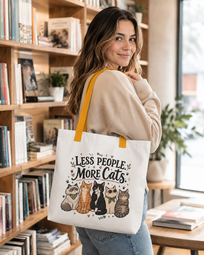 Woman carrying a white cat tote bag with yellow handles and Less People More Cats design in a cozy bookstore setting