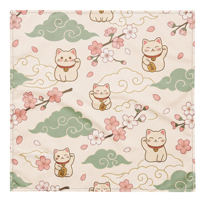 The Lucky Cat Sakura Pet Bandana showcasing the Japanese style soft pastel colors and clouds
