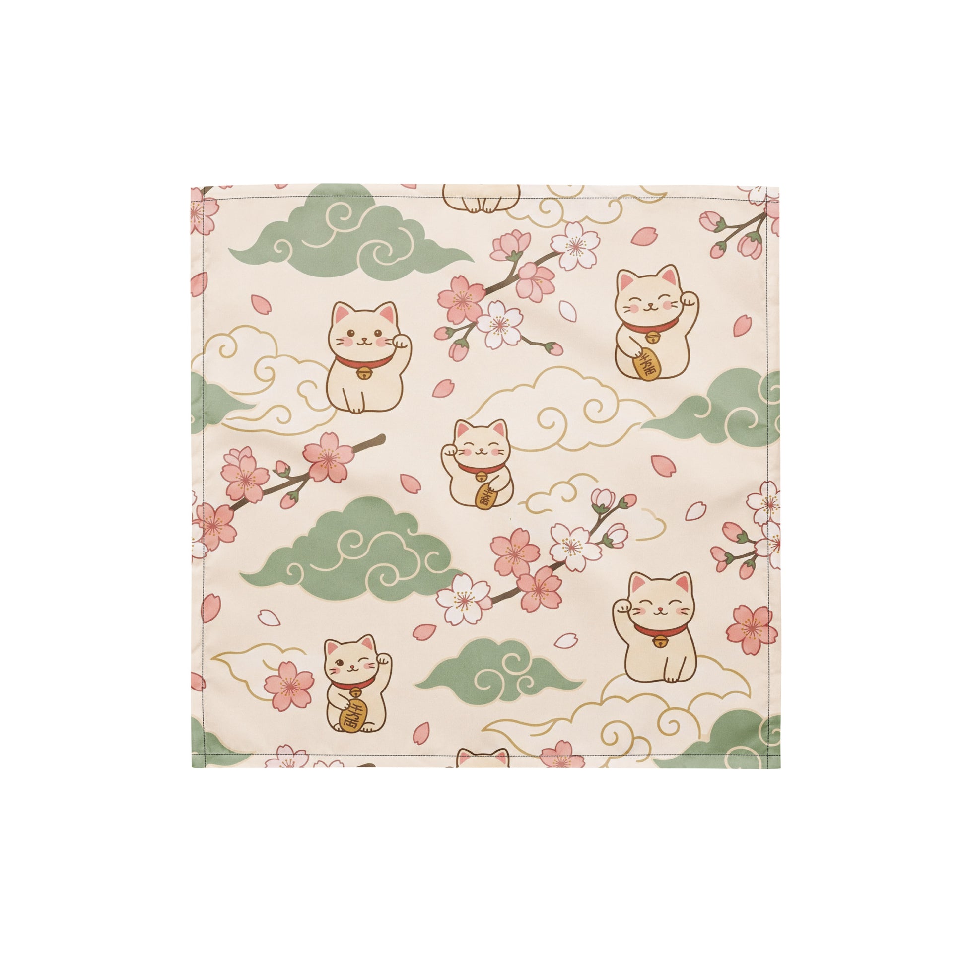 Flat lay of the Lucky Cat Sakura Pet Bandana showing the seamless anime-inspired lucky cat and cherry blossom pattern