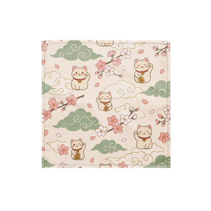 Flat lay of the Lucky Cat Sakura Pet Bandana showing the seamless anime-inspired lucky cat and cherry blossom pattern
