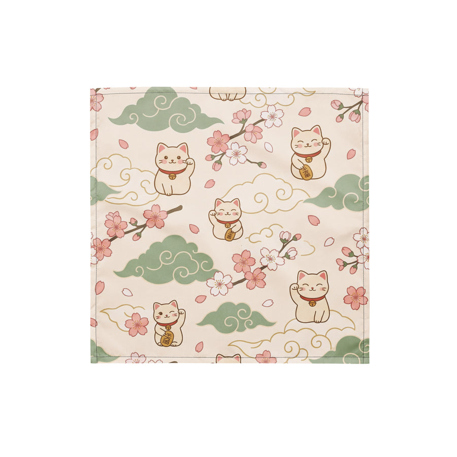 Flat lay of the Lucky Cat Sakura Pet Bandana showing the seamless anime-inspired lucky cat and cherry blossom pattern