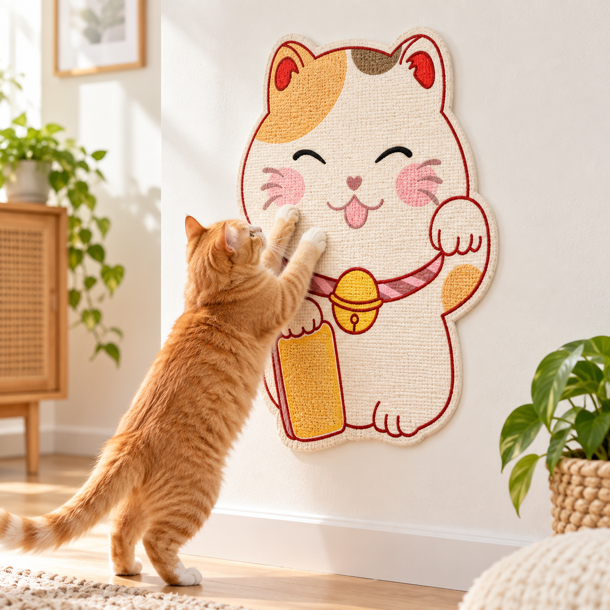 Lucky Cat wall scratching mat with a cat using it