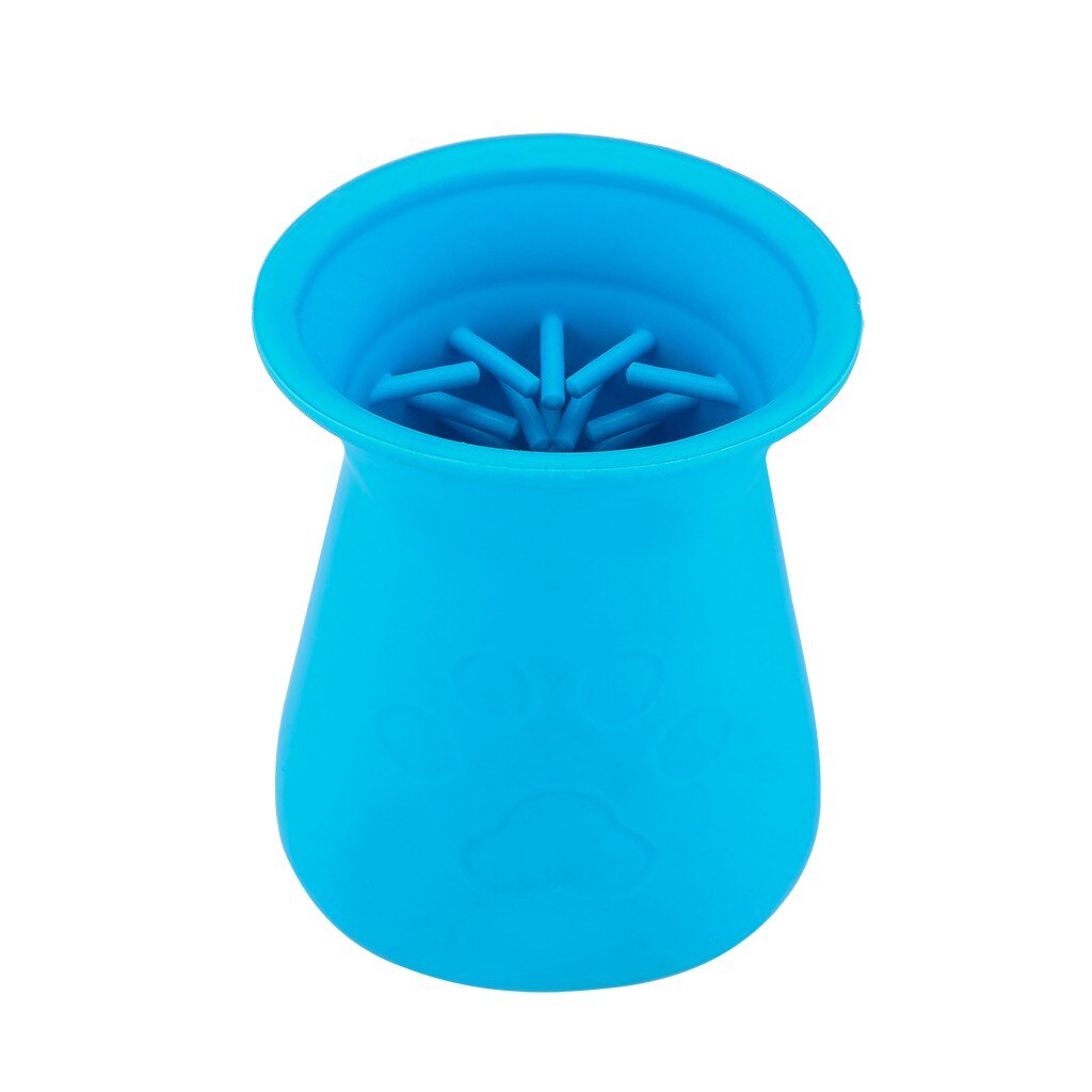 Angled view of blue silicone pet paw cleaner cup for everyday paw cleaning