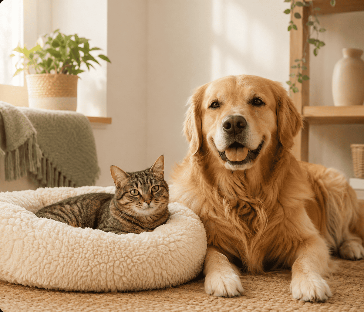 Dog and cat resting in a cozy MigoPaw inspired home