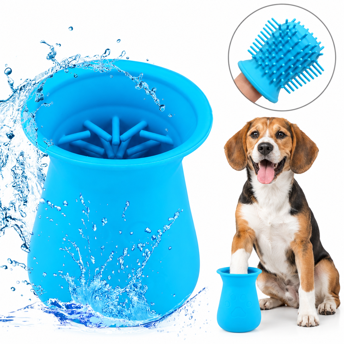 Blue 2-in-1 pet paw cleaner cup with reversible silicone brush