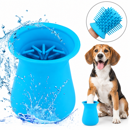 Blue 2-in-1 pet paw cleaner cup with reversible silicone brush
