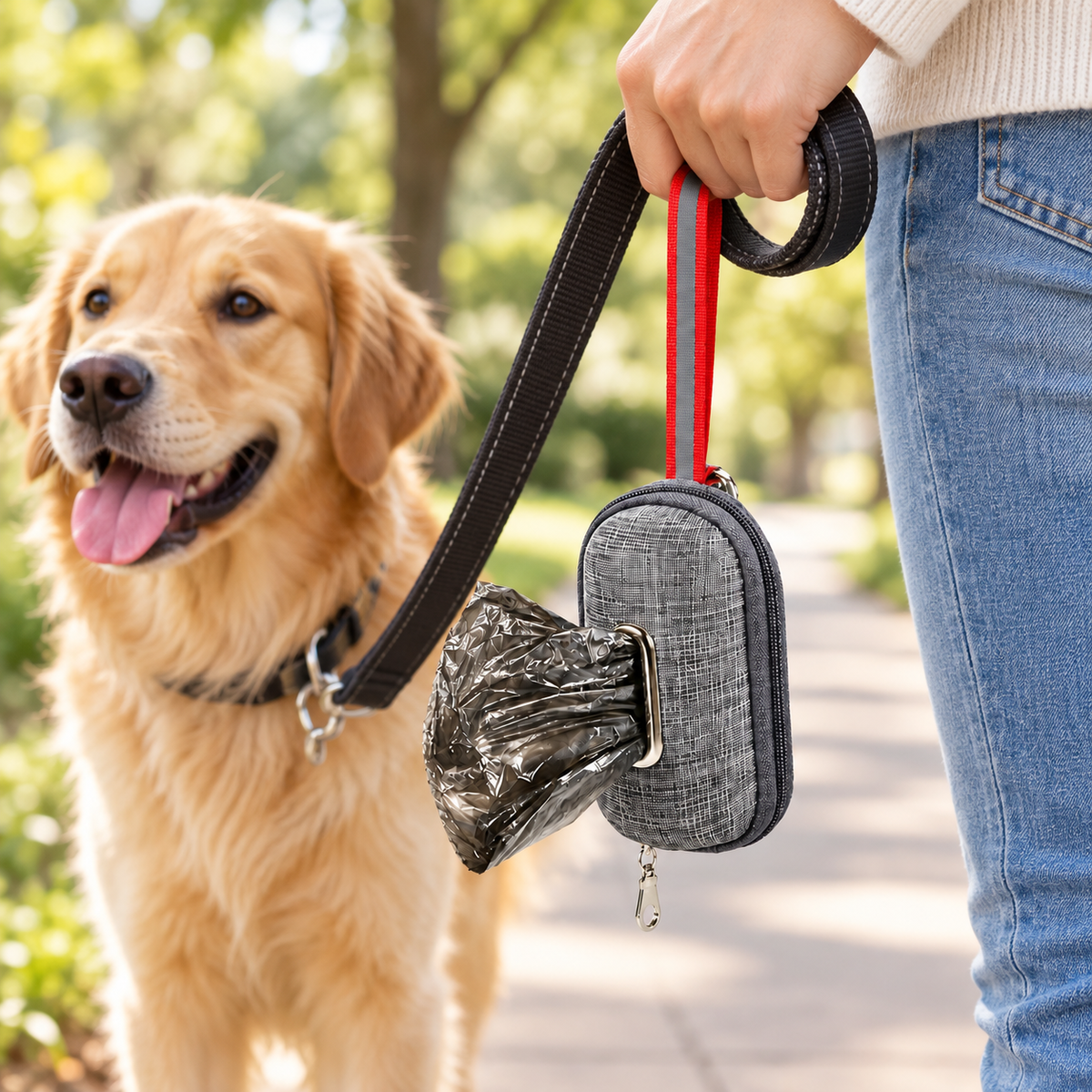Dark Grey dog poop bag dispenser pouch carried during an outdoor dog walk