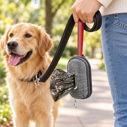 Dark Grey dog poop bag dispenser pouch carried during an outdoor dog walk
