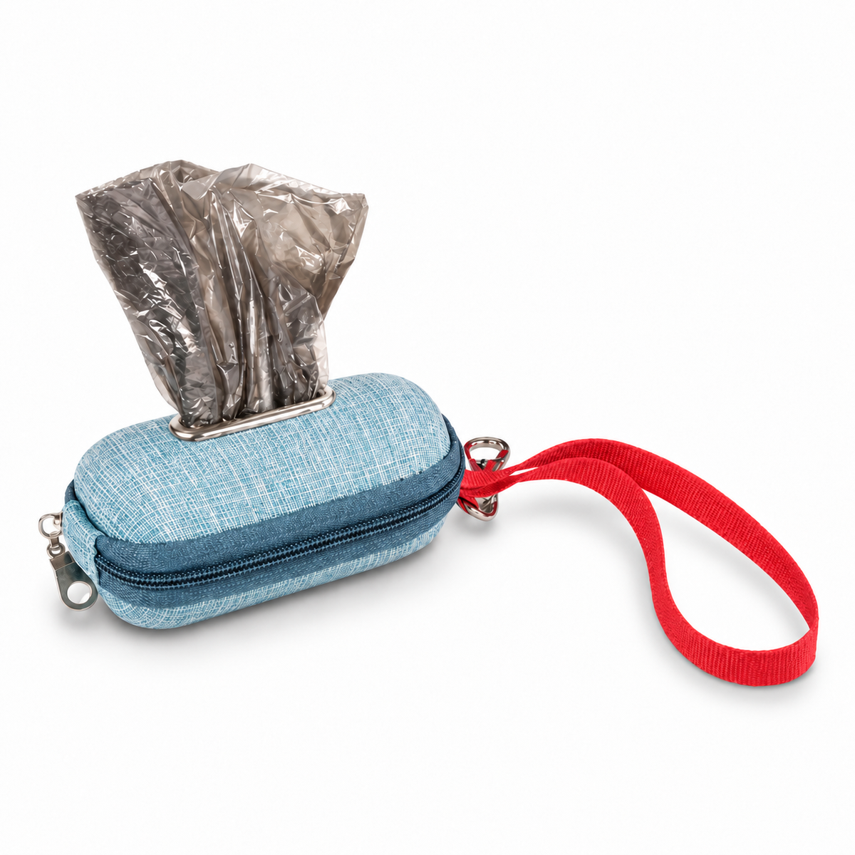 Lake Blue portable dog poop bag dispenser pouch with red carrying loop and waste bag dispensing opening