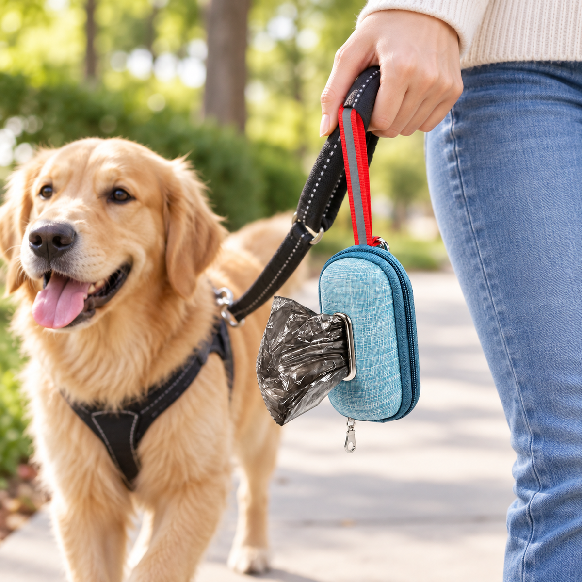 Lake Blue dog poop bag dispenser pouch carried during an outdoor dog walk