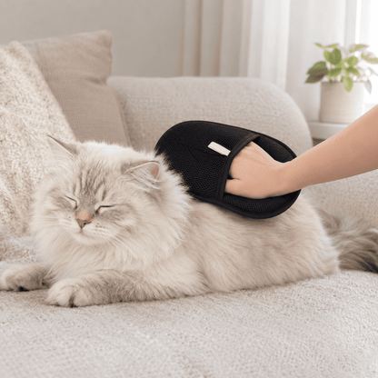 Pet grooming mitt gently brushing a fluffy cat on a cozy sofa