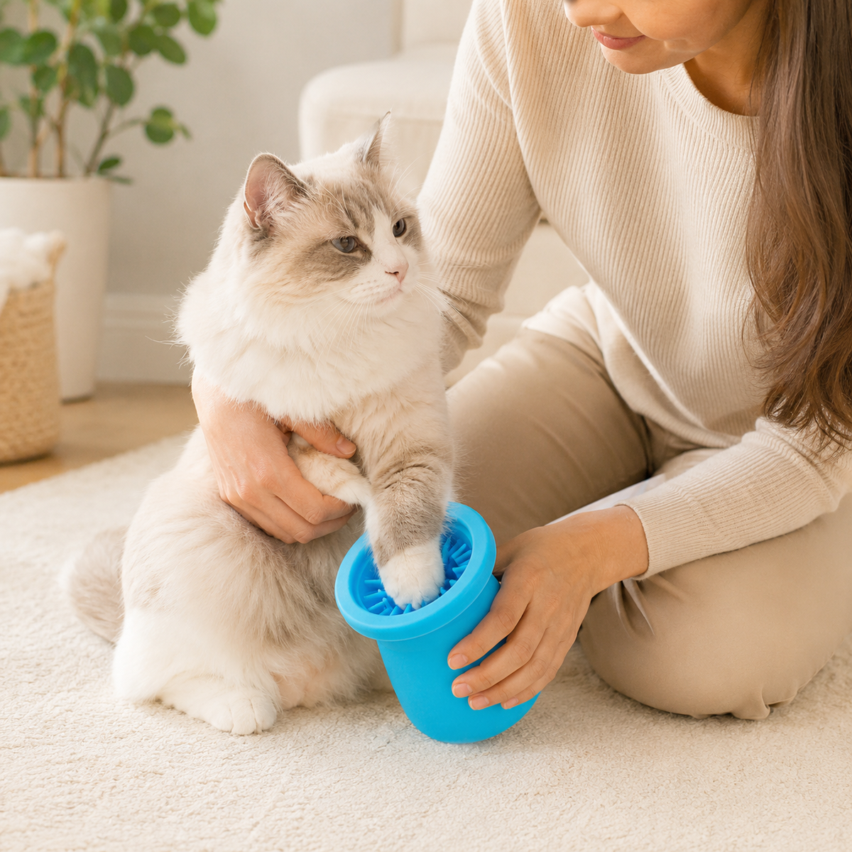 Cat having its paw gently cleaned with a blue pet paw cleaner cup
