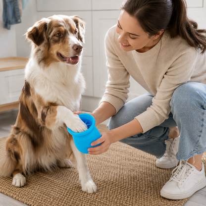 Dog having its paw gently cleaned with a blue pet paw cleaner cup