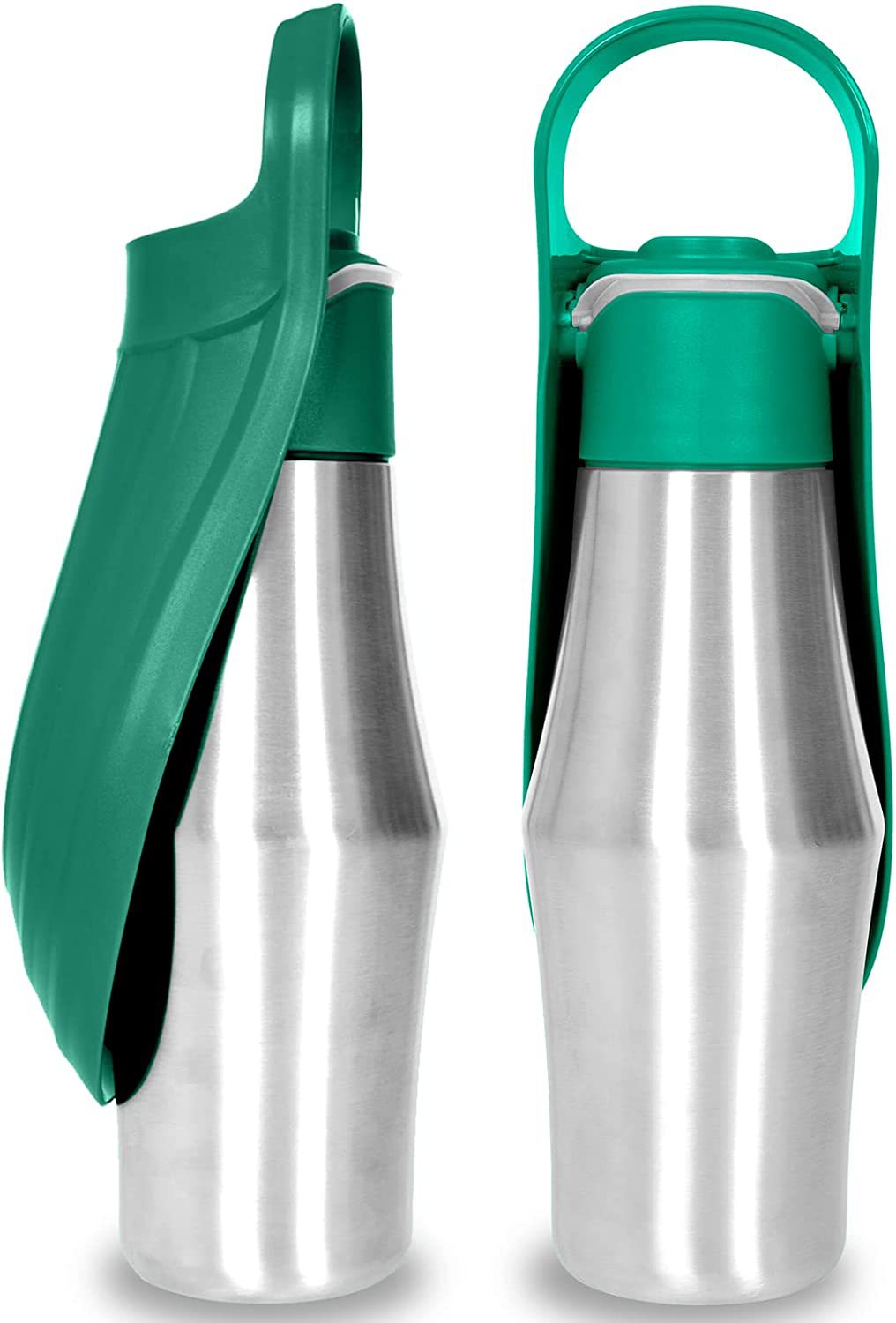 Dark green stainless steel pet travel water bottle with foldable bowl