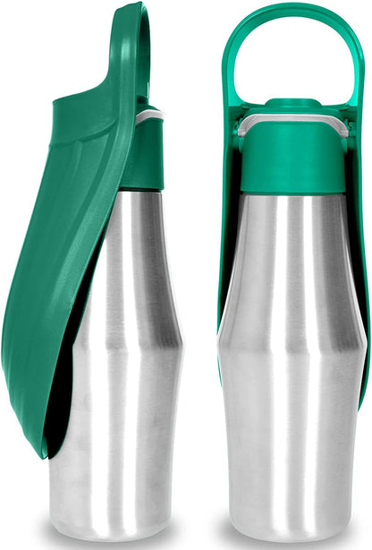 Dark green stainless steel pet travel water bottle with foldable bowl
