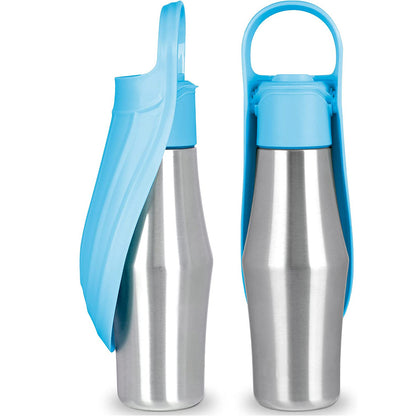 Light blue stainless steel pet travel water bottle for dog walks and travel