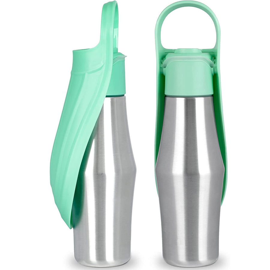 Light green stainless steel pet travel water bottle with foldable drinking bowl
