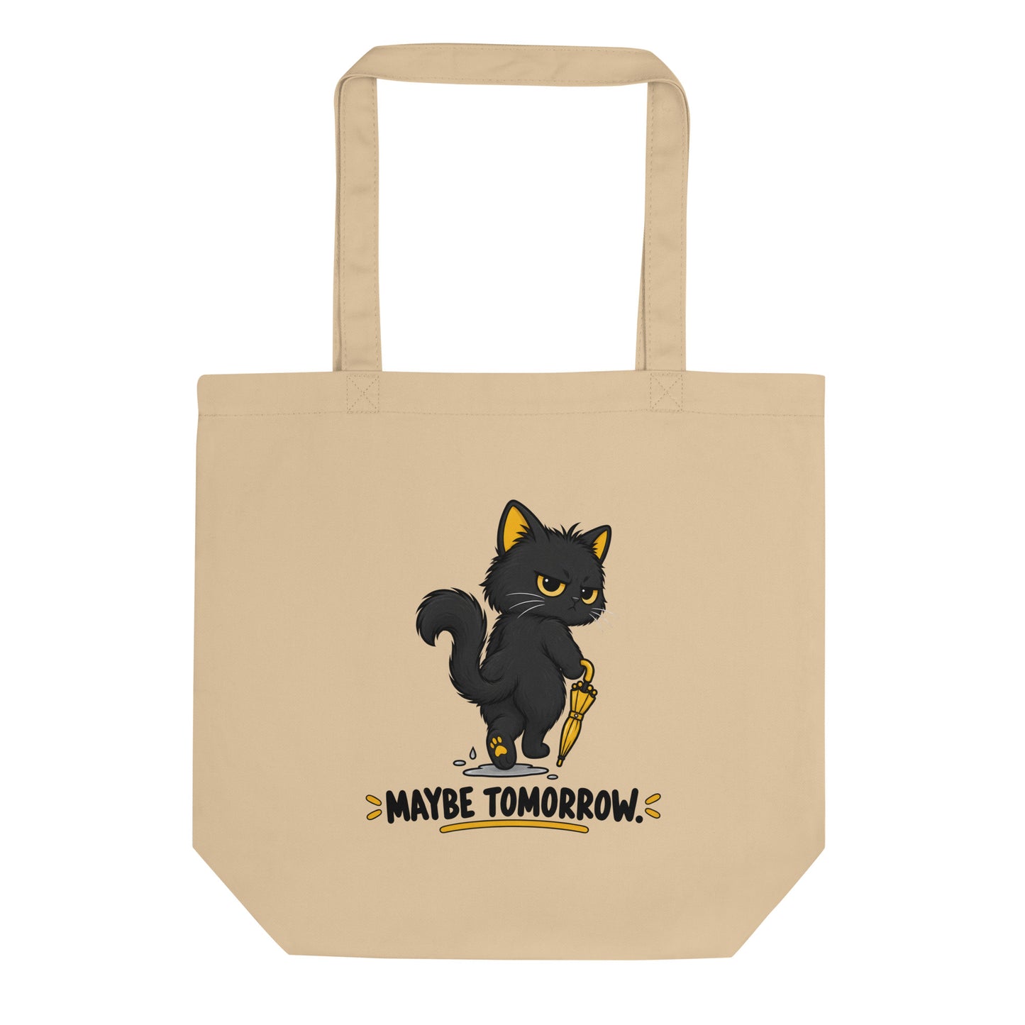 Back of Oyster organic cotton tote bag with black cat and Maybe Tomorrow design