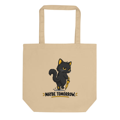 Back of Oyster organic cotton tote bag with black cat and Maybe Tomorrow design