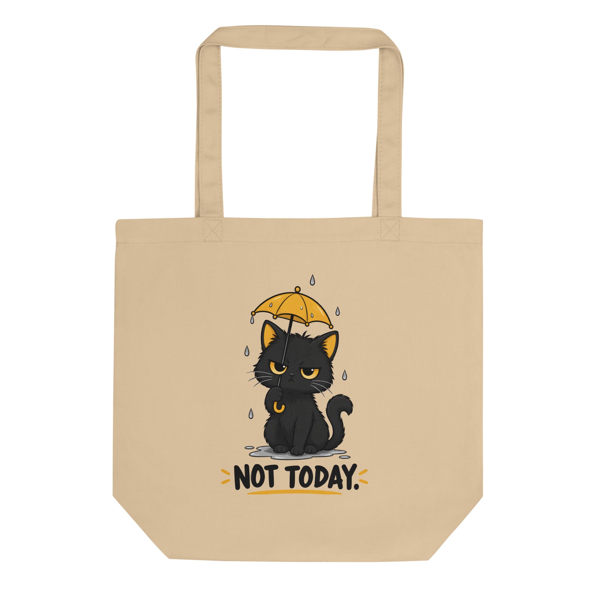Oyster organic cotton tote bag with black cat, yellow umbrella, and Not Today front design