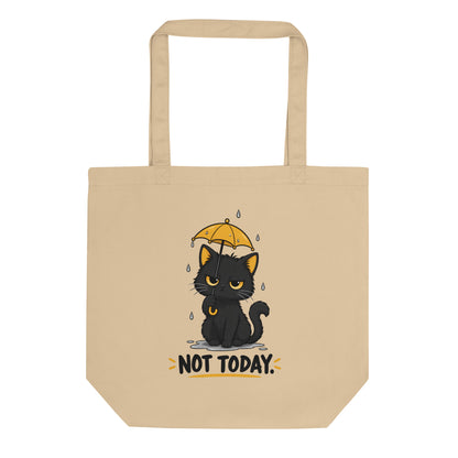 Oyster organic cotton tote bag with black cat, yellow umbrella, and Not Today front design