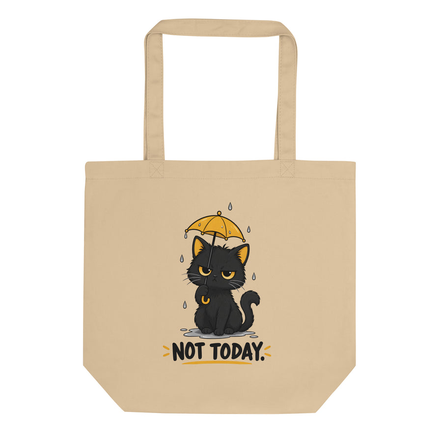 Oyster organic cotton tote bag with black cat, yellow umbrella, and Not Today front design