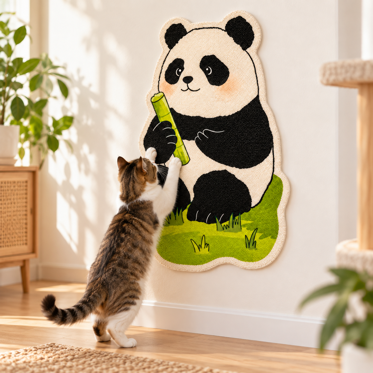 Panda wall scratching mat with a cat using it in a home