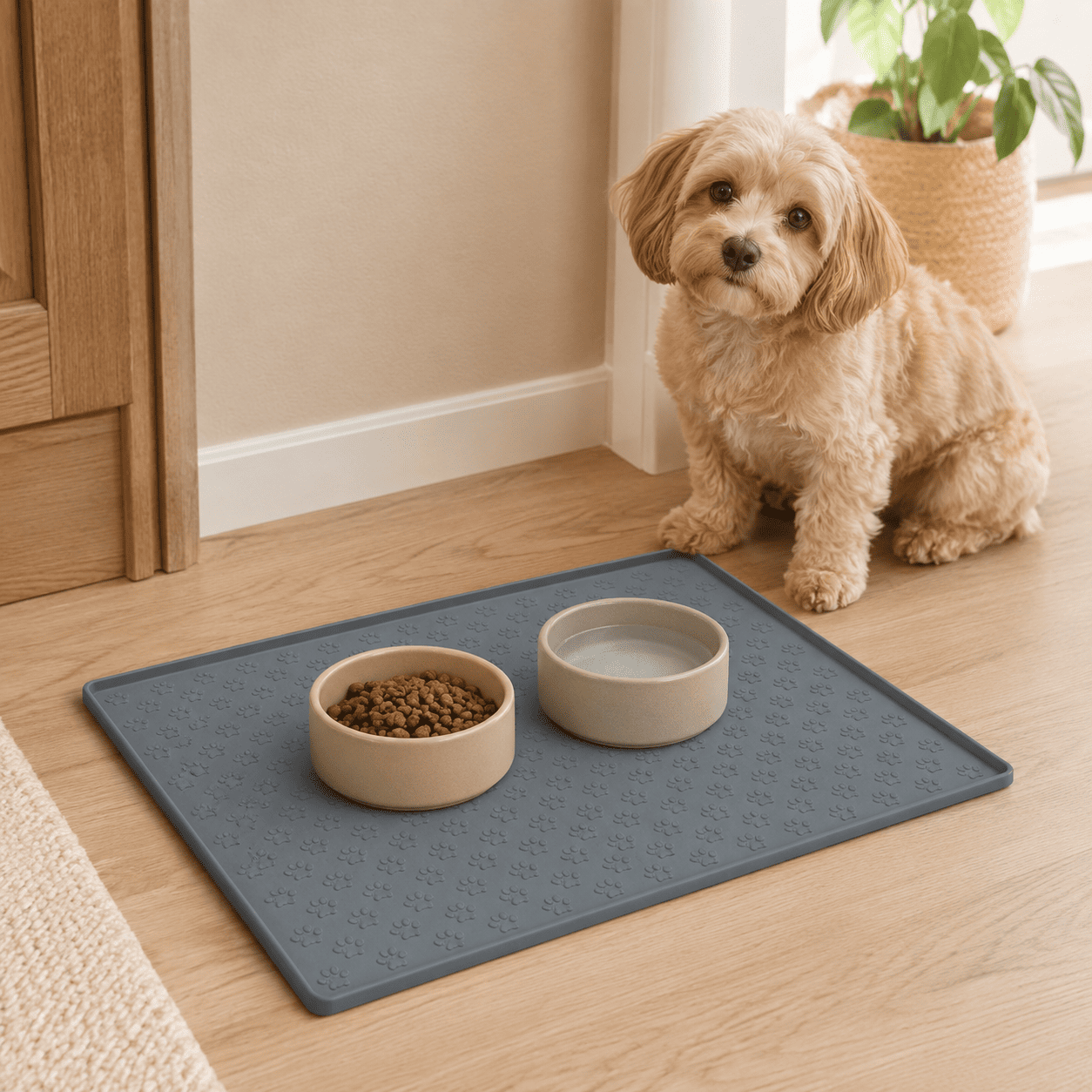 Small dog near a gray paw texture pet feeding mat with food and water bowls in a cozy home corner