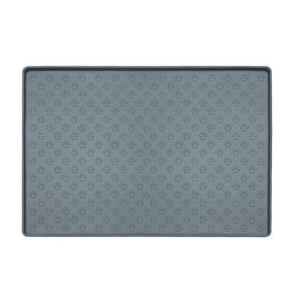 Gray paw texture pet feeding mat with raised edge on a white background