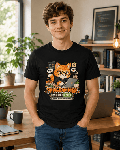 Model wearing black Pawgrammer funny cat organic cotton T-shirt in a cozy home office